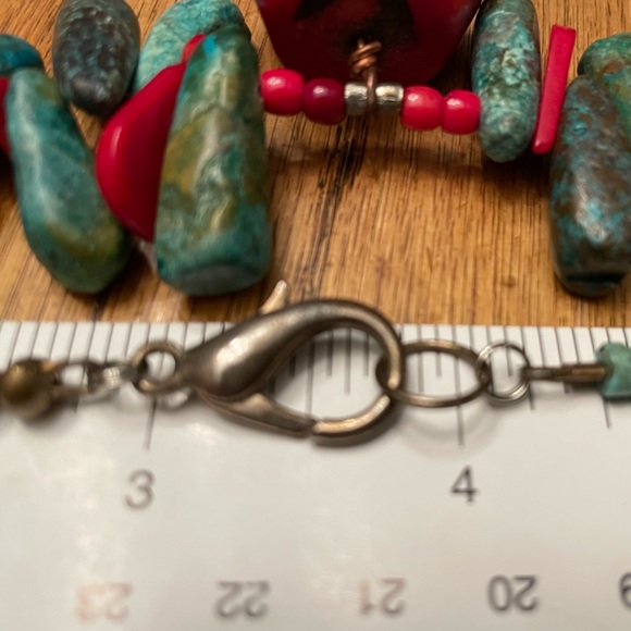 Turquoise and coral stones - hand crafted into this beautiful piece. Length @15” - Picture 5 of 6